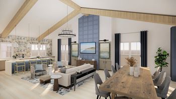a rendering of a living room with a dining room and kitchen